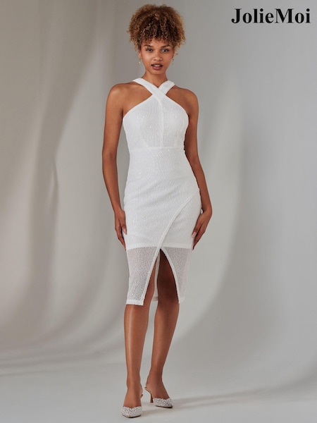 Jolie Moi White Cross Neck Slit Bodycon Dress (AR1074) | ₪362