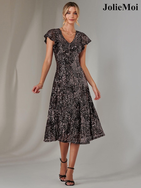 Jolie Moi Black Fit & Flare Sequin V-Neck Midaxi Dress (AR1075) | €101