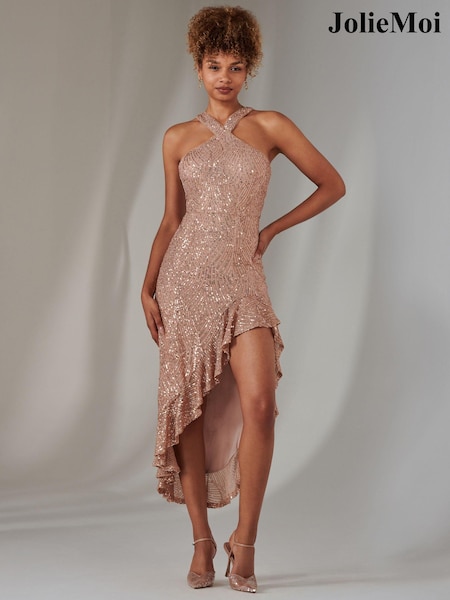Jolie Moi Metallic Cross Neck Side Ruffle Sequin Dress (AR1079) | €95