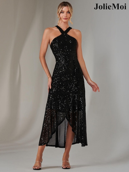 Jolie Moi Black Cross Neck Frill Hem Maxi Dress (AR1084) | €122