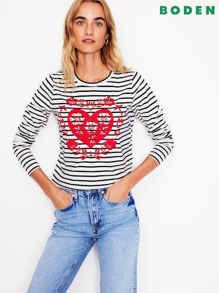 Boden Cream Heart Long Sleeve Breton 100% Cotton Jersey Top (AR1397) | €53