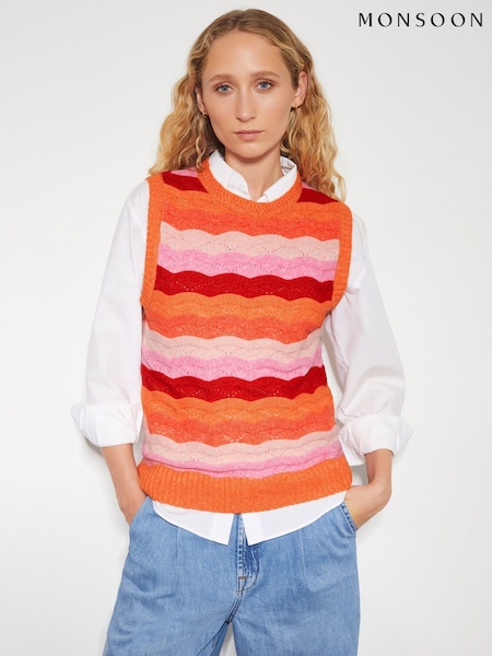 Monsoon Pink Sasha Scallop Stripe Sweater Vest (AR1447) | kr928