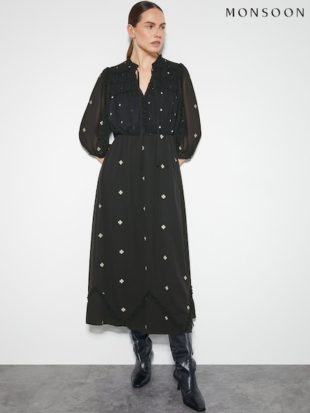 Monsoon Delilah Sheer Sleeve Embroidered Midi Dress (AR1473) | 515 LEI
