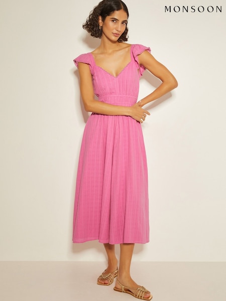 Monsoon Pink Marlee Ruffle Sun 100% Cotton Midi Dress (AR1484) | $121
