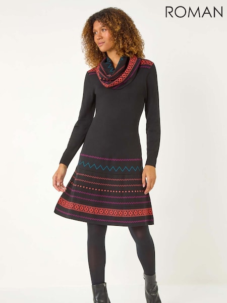 Roman Orange 2-In-1 Nordic Print Scarf Neck Knitted Dress (AR1499) | €77