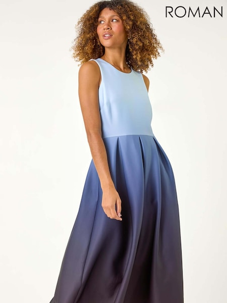 Roman Blue Ombre Pleated Luxe Stretch Midi Dress (AR1509) | 346 QAR