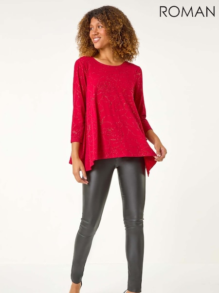 Roman Red Glitter Rose Asymmetric Hem Top (AR1522) | €50