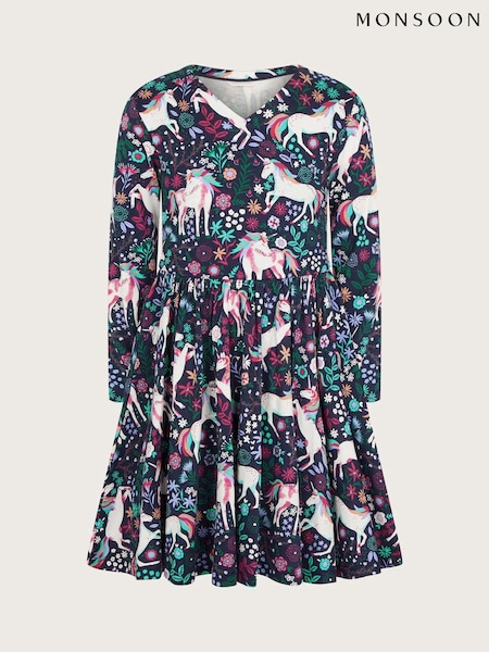 Monsoon Blue Long Sleeve Unicorn Print 100% Cotton Dress (AR1651) | €33 - €38
