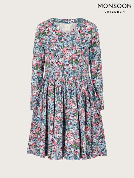 Monsoon Blue Long Sleeve Floral Print Jersey 100% Cotton Dress (AR1655) | €33 - €38