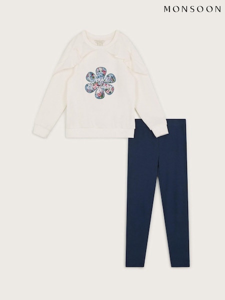 Monsoon Cream Embroidered Ruffle 100% Cotton Sweatshirt and Leggings Set (AR1657) | €39 - €46