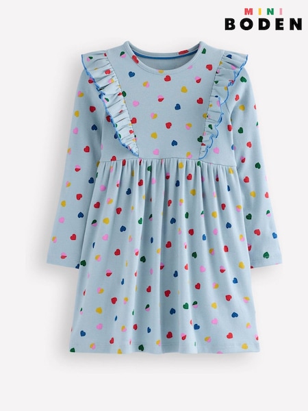 Boden Blue Heart Print Ruffle Rib Jersey Dress (AR1684) | €27 - €31