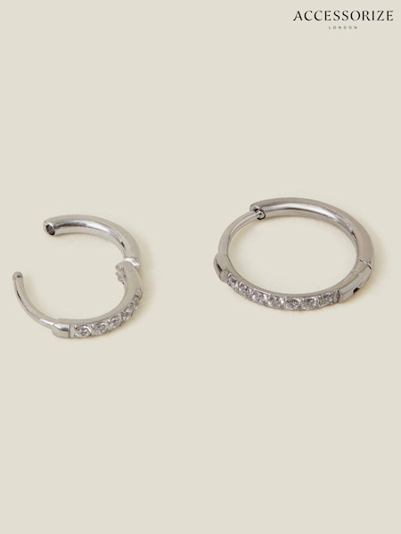 Accessorize Silver Platinum Plated Surgical Steel Pavé Clicker Hoops 2 Pack (AR1691) | €22.50