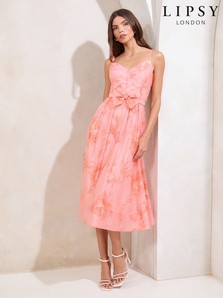 Lipsy Pink Printed Bow Skater Prom Midi Dress (AR1965) | €129