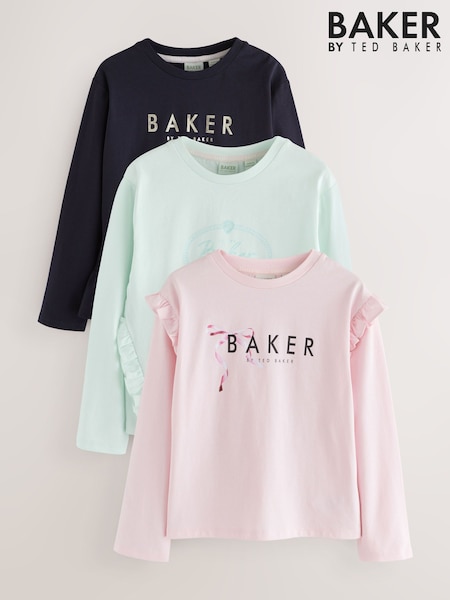 Roz/Albastru - Tricouri cu mânecă lungă cu volane și imprimeu grafic Baker by Ted Baker 3 pachet (AR2152) | 223 LEI - 283 LEI