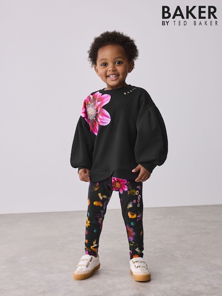 Baker by Ted Baker Flower Print Black Sweat Top and Leggings Set 2 Piece (AR2157) | €43 - €47