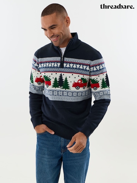 Navy Blue - Regular Threadbare Festive Road Trip Fairisle Quarter Zip Christmas Jumper