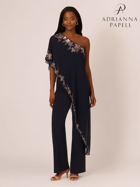 Adrianna Papell Blue One Shoulder Overlay Jumpsuit (AR2262) | ‏1,504‏₪