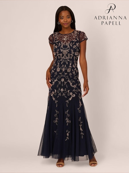 Adrianna Papell Blue Studio Bead Mesh Godet Long Dress (AR2269) | €224