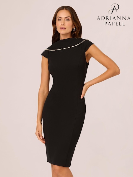 Adrianna Papell Roll Neck Pearl Black Midi Dress (AR2275) | R$ 1.275