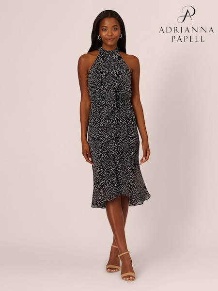 Adrianna Papell Shirred Dot Chiffon Black Midi Dress (AR2276) | ‏800‏₪