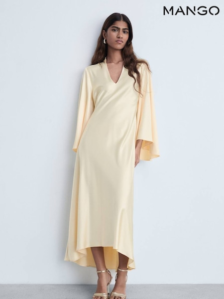 Mango Gold Maxi Long Sleeve V-Neck Satin Dress (AR2310) | €102