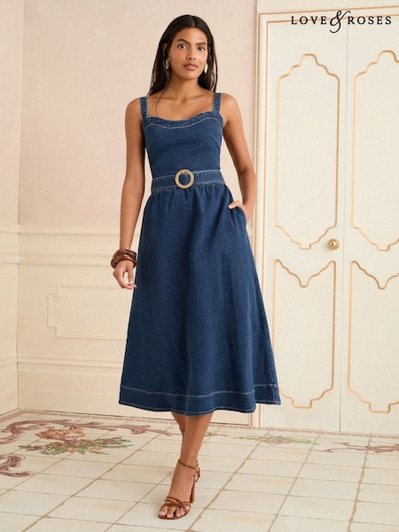 Love & Roses Dark Wash Petite Strappy Fit and Flared Denim Belted Midi Dress (AR2664) | €79