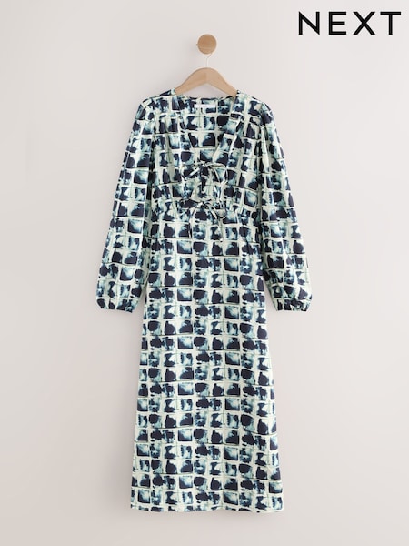 Black White Tile Print Long Sleeve Tie Front Midi Dress (AR2747) | €15