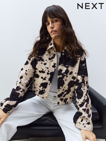 Cow Print 100% Cotton Cropped Denim Jacket (AR2931) | $103