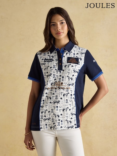 Official Blenhiem Cream/Navy European Championship Horse Print Pique Polo Shirt (AR2953) | R$ 590