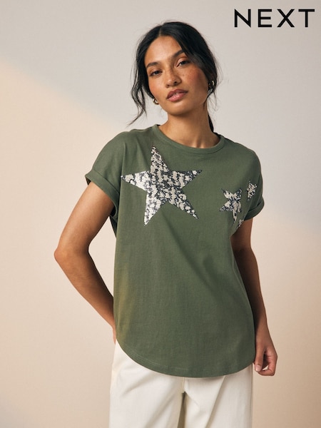 Khaki Green Sparkle Sequin Star 100% Cotton T-Shirt (AR2957) | €28