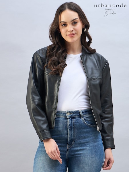 Urban Code Black Leather Bomber Jacket With Whipstitching (AR2967) | €244