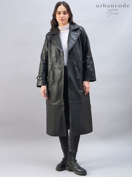 Urban Code Black Leather Maxi Trench Coat With Belt (AR2970) | €242