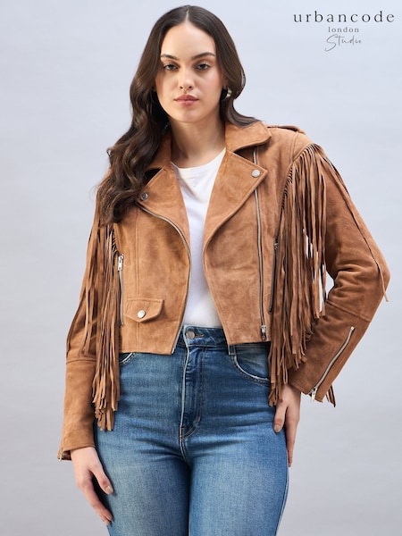 Urban Code Brown Suede Biker Jacket With Fringing Detail (AR2972) | €290