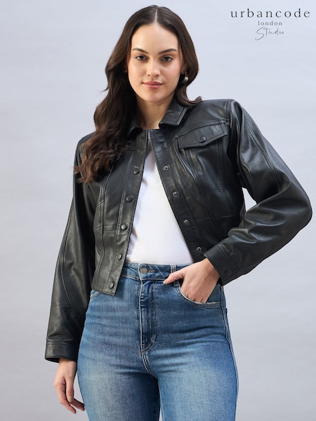 Urban Code Black Fitted Leather Trucker Jacket (AR2974) | €228