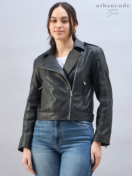 Urban Code Black Leather Biker Jacket With Whipstitching (AR2979) | €228