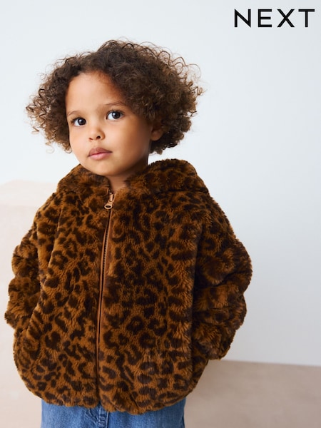 Brown Leopard Animal Print Faux Fur Zip Through Jacket (3mths-7yrs) (AR3375) | €32 - €38