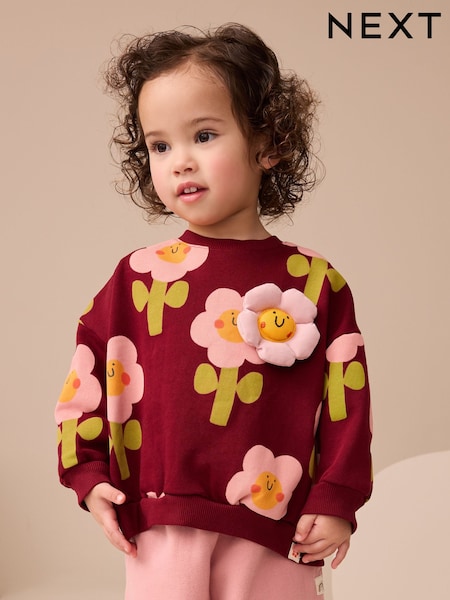 Burgundy Red Smiley Flower Print Crew Neck Sweatshirt (3mths-7yrs) (AR3381) | AED56 - AED66