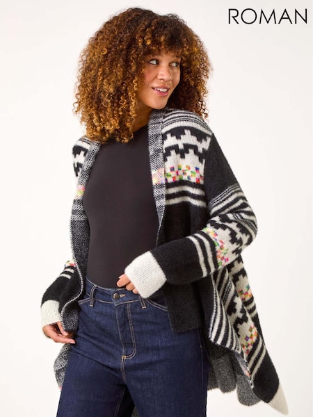 Roman Black Pattern Fluffy Knit Cardigan (AR3577) | AED328