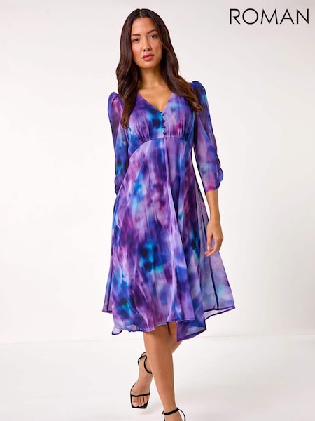 Roman Purple Abstract Print Asymetric Midi Dress (AR3587) | 322 QAR