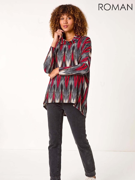 Roman Red Abstract Relaxed Cowl Neck Tunic Top (AR3588) | €55
