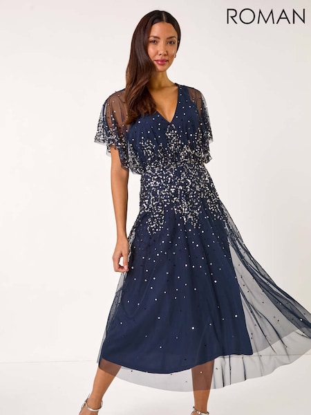 Roman Blue Embellished Angel Sleeve Midi Dress (AR3589) | R$ 1.210
