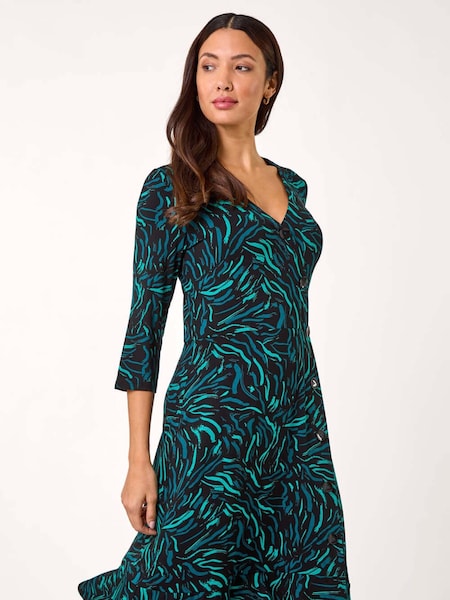 Roman Blue Wave Print Side Button Stretch Dress (AR3590) | €64