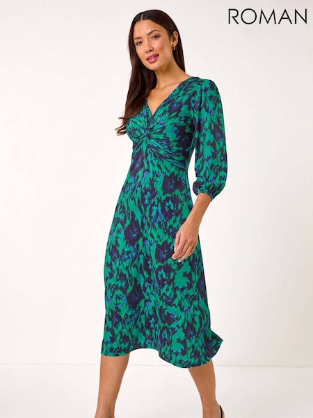 Roman Green Abstract Twist Midi Dress (AR3591) | 309 QAR
