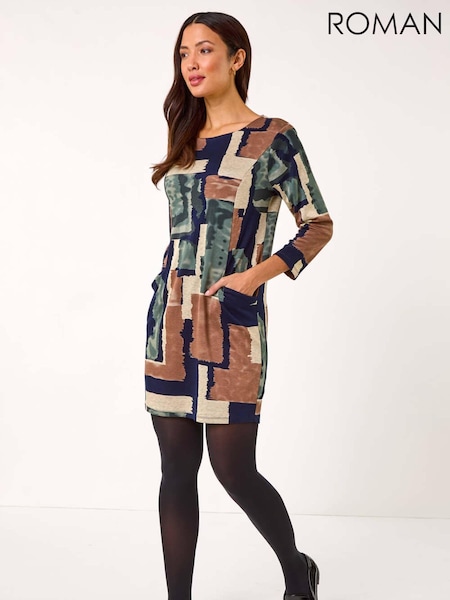 Roman Brown Geometric Print Pocket Shift Dress (AR3598) | €63