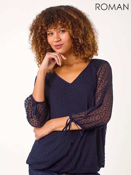 Roman Blue Burnout Print V-Neck Overlay Mesh Top (AR3599) | €58