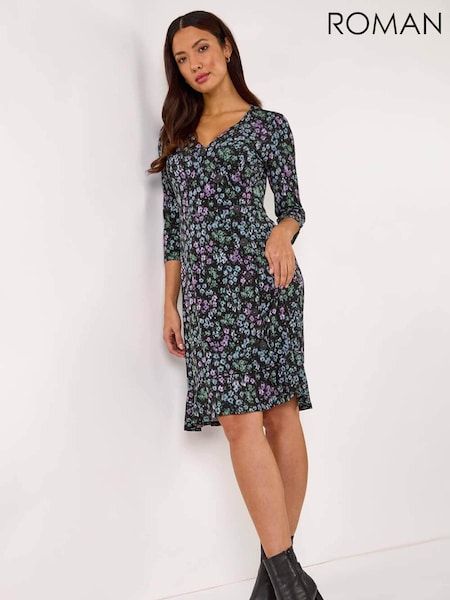 Roman Black Floral Print Side Button Stretch Dress (AR3615) | R$ 580