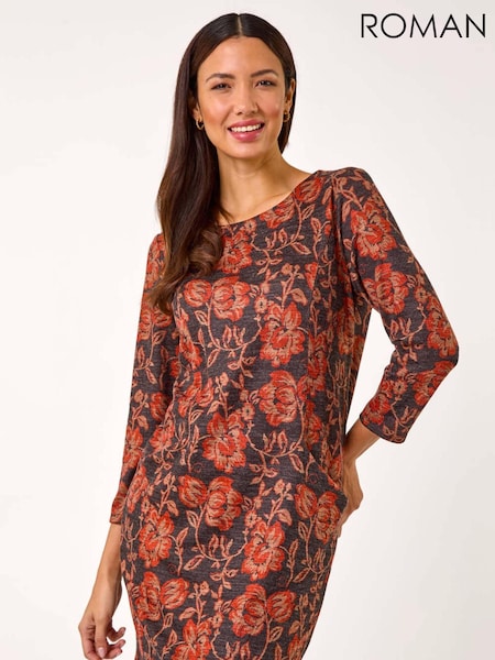Roman Orange Floral Leaf Pocket Detail Shift Dress (AR3616) | €60