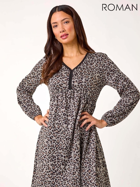 Roman Animal Print V-Neck Stretch Dress (AR3618) | 357 LEI