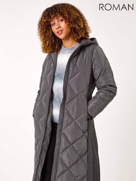 Gri - Roman Longline Diamond Quilt Cu glugă Coat (AR3621) | 819 LEI