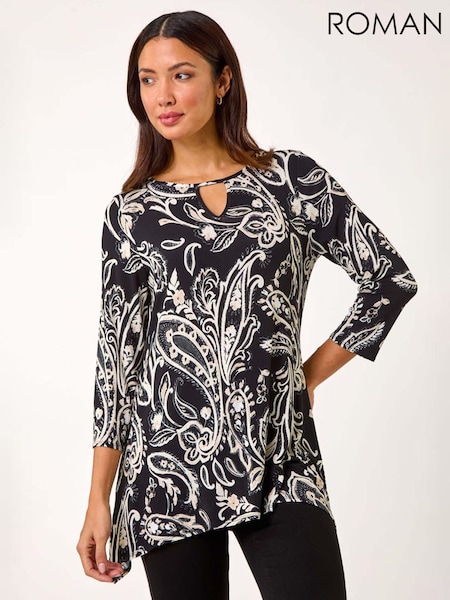 Roman Black Paisley Print Keyhole Top (AR3623) | €57